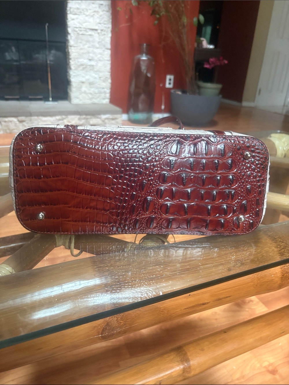 Brahmin Cream and Brown Croc-Embossed Tote with Tassel - Picture 8 of 8